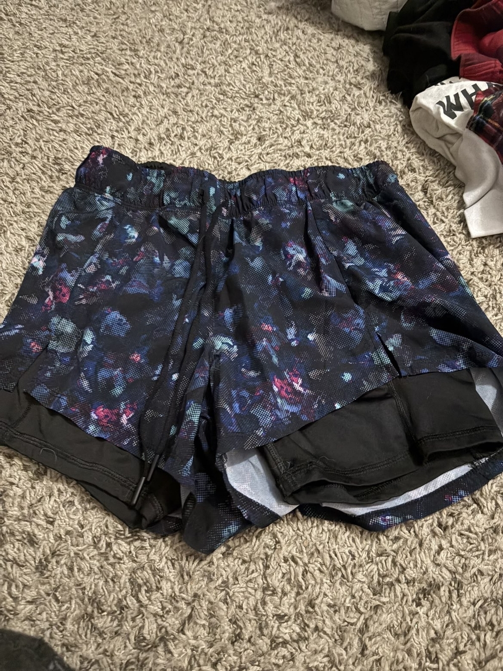 Women's Black Floral Layered Athletic Shorts with Inner Liner